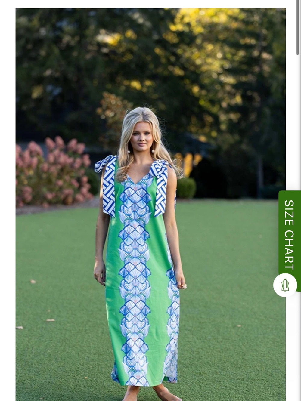 Green Floral-Panel Maxi Dress with Blue Shell Print